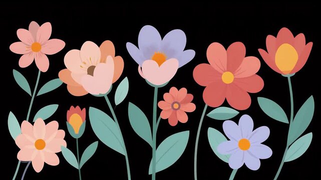 flat vector animation of flowers blooming in sequence, pastel colors, smooth opening motion, on black screen background