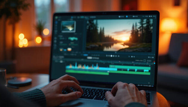 Person edits video on laptop at desk. Timeline shows footage of forest sunset and lake. Warm lights in background create cozy atmosphere. Work from home setup.