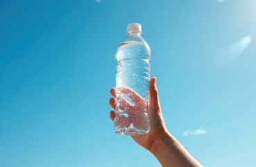 Hand holds clear plastic bottle full of cool water against bright blue sky. Fresh beverage quenches thirst during hot summer day. Hydration essential for active lifestyle.