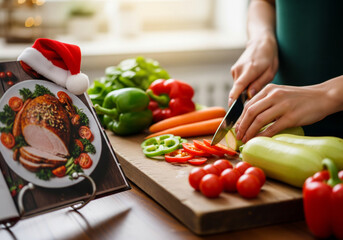 Woman preparing Christmas dinner, cutting vegetables according to a cookbook recipe