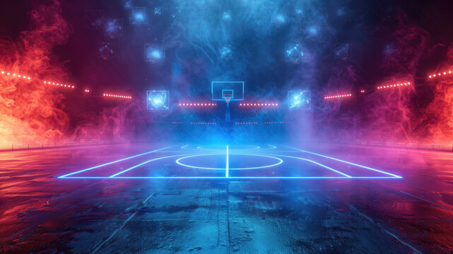 Futuristic basketball arena with neon lights and smoke