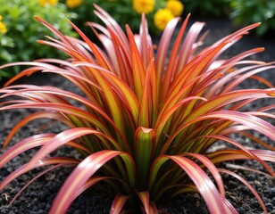 Fototapeta premium Close up photo of Japanese bloodgrass cultivar Red Baron. Plant has green yellow and red leaves. The ornamental grass grows in a garden with dark soil.