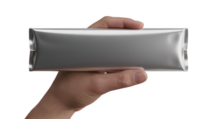 Hand holding a silver chocolate bar, a tempting treat ready to be enjoyed, offering a moment of pure indulgence and satisfaction