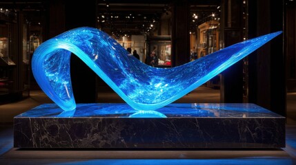 Dynamic glass sculpture shaped like an ocean wave, shimmering blue reflections, displayed on dark marble base, museum lighting