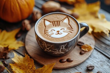A cup of hot coffee with cute cat latte art on top, placed on a wooden surface surrounded by autumn leaves. Warm fall colors and cozy atmosphere perfect for concepts of relaxation, coffee time, creati