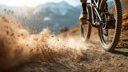 Dynamic dirt trail with a mountain bikers rear wheel kicking up dust and dirt in the air. Action shot of off-road cycling for extreme outdoor sport.