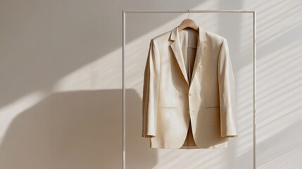 Elegant beige linen suit hanging on minimalist rack against light beige wall, soft daylight, clean aesthetic, high fashion editorial style
