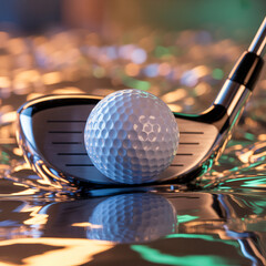 Macro: Pristine golf ball on driver. Iridescent sheen, chrome reflections, micro-dust, golden halo. Surreal, alien quality.