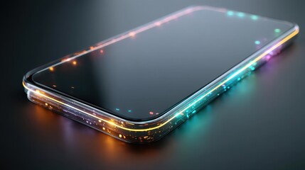 Smartphone with vibrant glowing light around the edge. Concept of modern communication technology and digital data transfer for advertising.