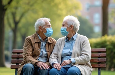 An older couple in face masks sit on park bench. Senior people wear medical masks outdoors during the coronavirus pandemic. Covid-19 virus prevention concept for elderly. Healthcare and safety.