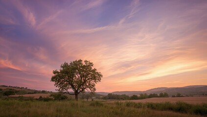 The sky glows in hues of pink and purple, featuring cloud formations during a captivating sunset