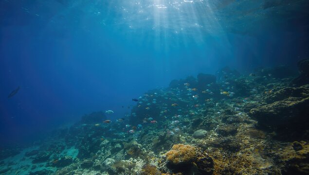 Fish swimming near the bottom illuminated by sunlight filtering through clear blue waters, showcasing aquatic life