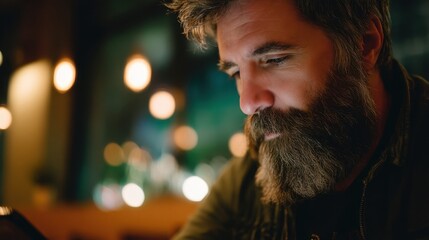 Caucasian man with a beard looking down in a darkly lit room, bokeh lights in the background. Reflection on his face. Pensive male portrait in a bar for lifestyle concept.