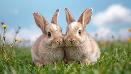 Two small rabbits resting on green grass during summer, focus on playfulness