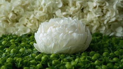 Close-up of white spring peonies on a bed, suitable for editorial header background