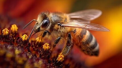 Macro honeybee on sunflower, golden warm colors