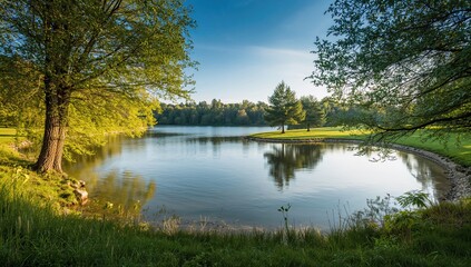 Beautiful natural landscape featuring a serene lake and lush trees, promoting environmental preservation