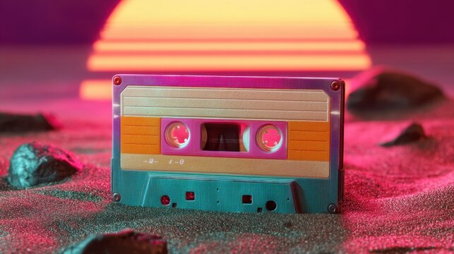 Retro audio cassette in synthwave style on sand with glowing sunset background. Nostalgic 80s music and vaporwave aesthetic concept for party flyer.
