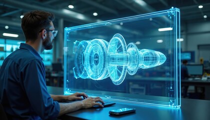 Engineer works on futuristic tech design project. Man uses computer displays blueprint of engine model. Modern industrial tech research development is in progress in workshop office.