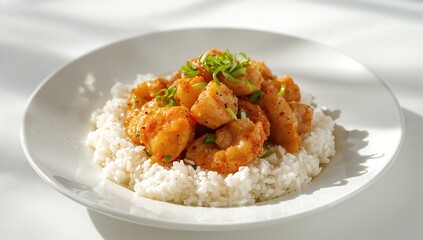 Nanking Chicken, a dish featuring chicken, shrimp, spring onions and spices served alongside warm rice, protein-rich meal