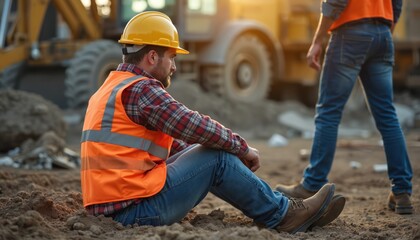 Construction worker sits on dirt ground after injury on work site. Another worker stands near. Heavy machinery visible in background. Scene suggests accident aftermath.