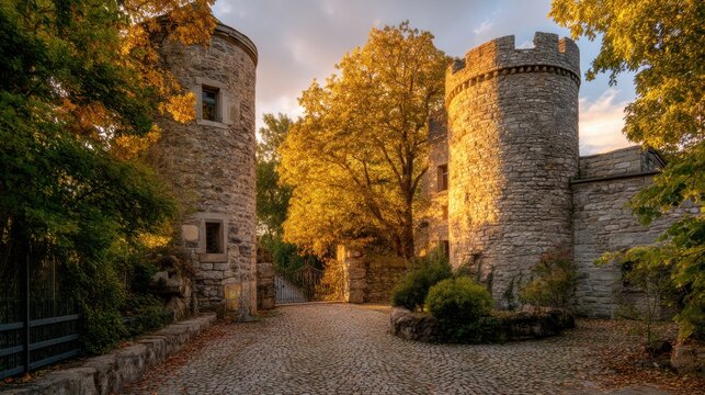 Cobblestone driveway leading to an ancient stone castle with two round towers and a gate, surrounded by bright autumn trees under a warm sky, for travel and history concept.