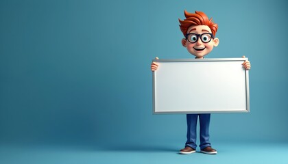Cartoon boy holds blank board. Redhead kid smile in glasses. Animated character with whiteboard on blue background. Design template, advertising material. Presentation banner. Space for text.