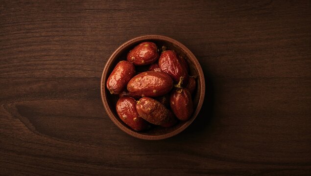 Ripe tamarinds arranged flat on a dark wooden surface, showcasing their natural texture, seasonal produce