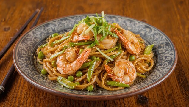 Stir-fried yakisoba noodles featuring green peas and shrimp, protein-rich meal