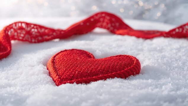 Valentine's Day scene with a red heart shaped from a knitted scarf on fresh white snow
