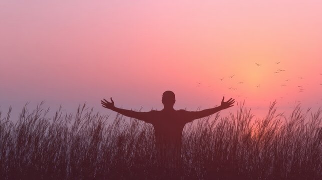 Man with outstretched arms in silhouette against a vibrant sunset sky and tall grass. Freedom, spirituality, and well being concept.