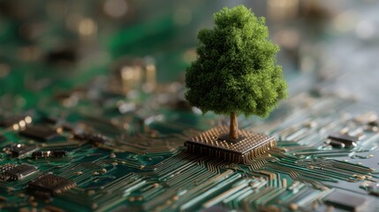 Green tree growing from microchip on circuit board, symbolizing eco-friendly technology and sustainable innovation. Green computing concept.