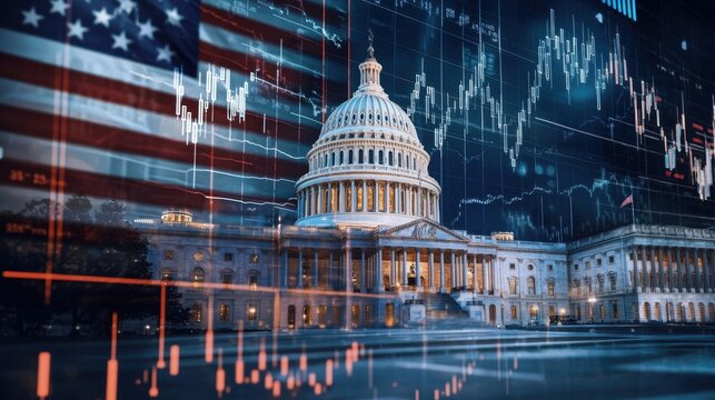 US Capitol building with American flag and financial stock market charts. Economy and business concept. Investment and finance in America.