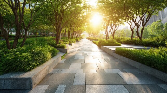 Park path with sunlight peeking through green trees creating natural ambiance. Outdoor walkway for recreation and relaxation, city park design. - Powered by Adobe