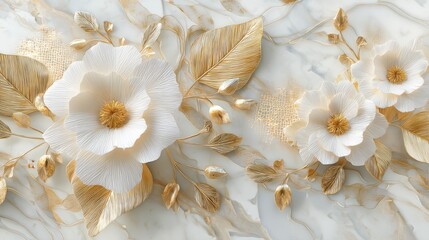 White flowers and golden leaves on marble background. Elegant floral pattern for home decor tile, wallpaper, or luxurious wedding invitation.