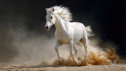 White horse running through a cloud of dust. Dynamic animal motion captured in desert sand. Concept of freedom and grace for equestrian sports.