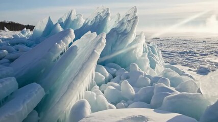 Dramatic ice shards thrive under sunlight on a frozen lake landscape - Powered by Adobe