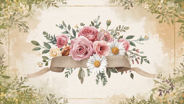 Postcard featuring flowers arranged on burlap fabric, suitable for greeting card design