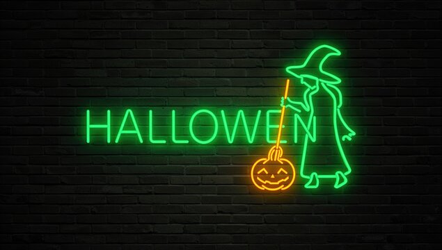 Green neon HALLOWEEN sign, orange neon witch and pumpkin sign on brick wall, suitable for Halloween-themed promotions