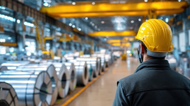Man in hard hat in aluminum rolling mill. Production facility for metal with a male worker. Industrial steel and copper manufacturing complex.