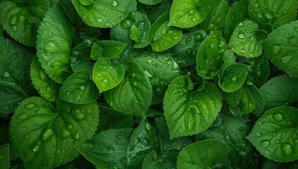 Naklejka premium Background of green leaves with water drops, refreshing natural backdrop for eco-friendly themes