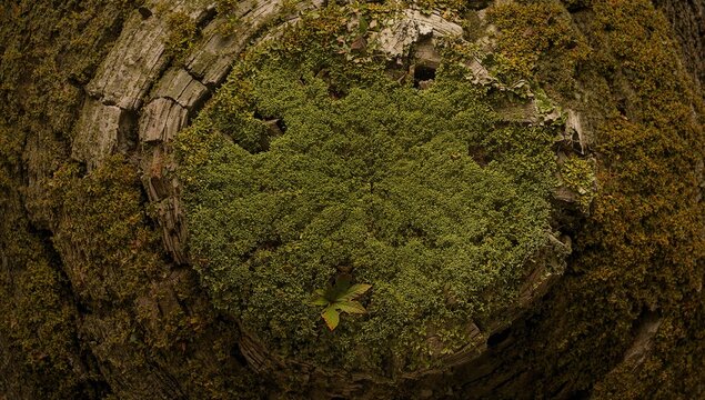 Walnut tree trunk adorned with moss, suitable for organic design settings