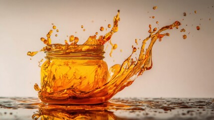 golden orange liquid splashing dynamically in a glass jar, captured in vivid motion, high speed photography, bright reflections, detailed droplets