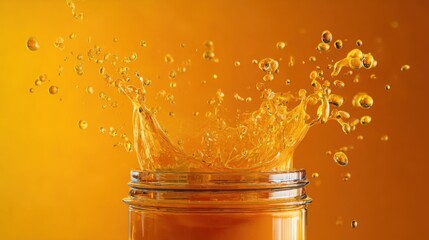 golden orange liquid splashing dynamically in a glass jar, captured in vivid motion, high speed photography, bright reflections, detailed droplets