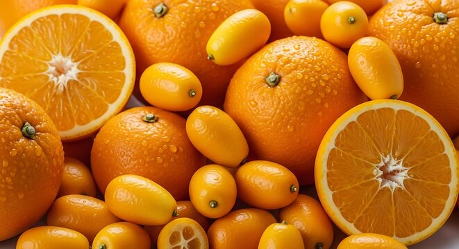 Fresh Bright Orange Fruits with Halved Oranges and Small Kumquat Fruits for Healthy Food Display