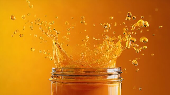 golden orange liquid splashing dynamically in a glass jar, captured in vivid motion, high speed photography, bright reflections, detailed droplets