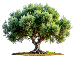 Ancient, gnarled tree with lush green foliage
