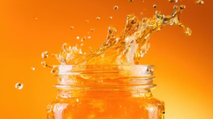 golden orange liquid splashing dynamically in a glass jar, captured in vivid motion, high speed photography, bright reflections, detailed droplets