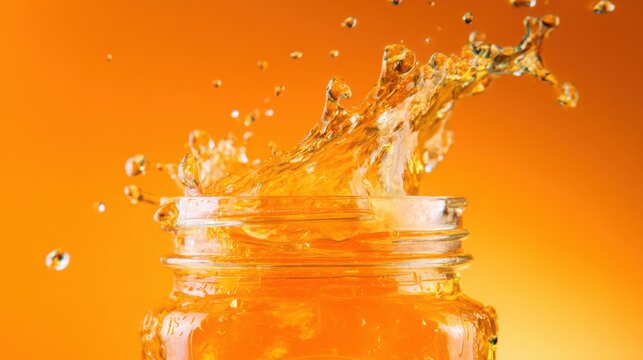 golden orange liquid splashing dynamically in a glass jar, captured in vivid motion, high speed photography, bright reflections, detailed droplets