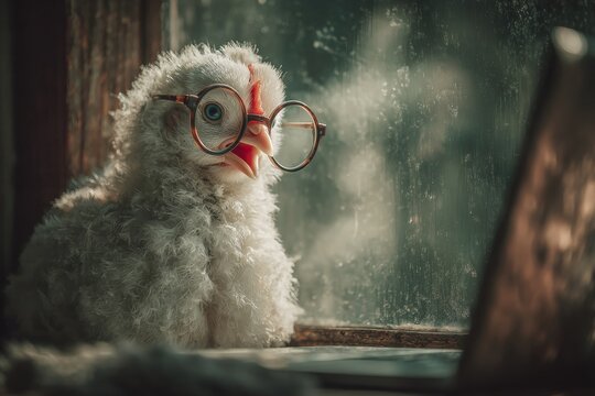 Charming chicken's morning laptop adventure. Bright room. Can you beat the system or will crypto beat you. Avoid crypto loss. Fearful hen.